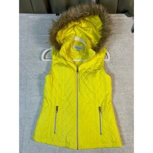 Black Rivet Quilted Puffer Vest Faux Fur Hood Bright Yellow Size S‎